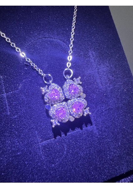 Işıklı Kutuda Gümüş Renk Mıknatıslı Yonca Kolye-Yüzük Seti Çelik modelleri