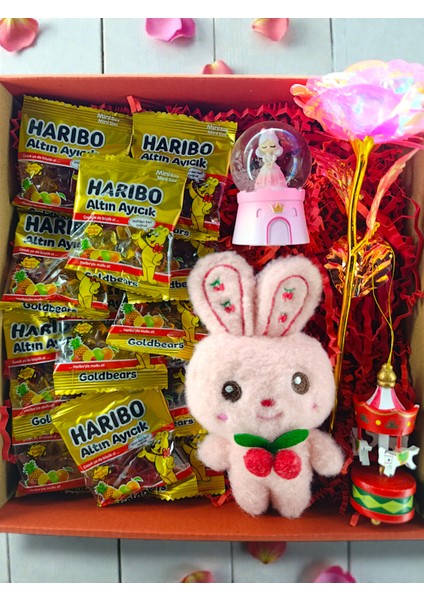 Şekerleme Hediye Kutusu Tavşan Peluş Gül Kar Küresi ve Atlı Karınca Kalp Kutu Hediye
