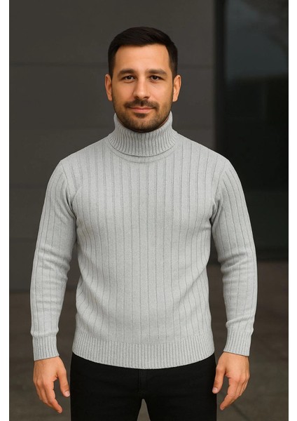 Erkek Balıkcı Yaka Bağazlı Triko Kazak Pamuklu Kalın Fitilli Dokuma, Regular Fit Uzun Kollu Kışlık Model - Gri fiyatları