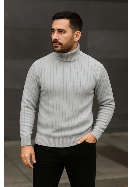 Erkek Balıkcı Yaka Bağazlı Triko Kazak Pamuklu Kalın Fitilli Dokuma, Regular Fit Uzun Kollu Kışlık Model - Gri fırsatları