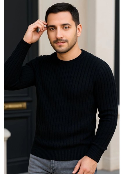 Erkek Fitilli Triko Kazak 2’li Set – Siyah - Gri, Kalın Dokuma Pamuklu Regular Fit Bisiklet Yaka Uzun Kollu Rahat Kışlık Kazak Kombini fiyatları