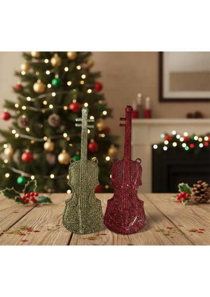 2’li Gitar Figürlü Yılbaşı Ağaç Süsü – Gold & Kırmızı (Simli / Ipli)