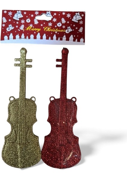 2’li Gitar Figürlü Yılbaşı Ağaç Süsü – Gold & Kırmızı (Simli / Ipli) modelleri