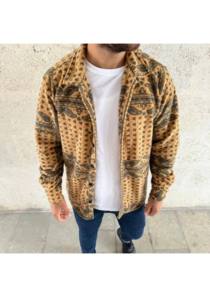 Erkek Desenli Düğmeli Polar Gömlek – Hardal Paisley Desen Yakalı, Uzun Kollu, Oversize Rahat Kalıp - Sarı modelleri