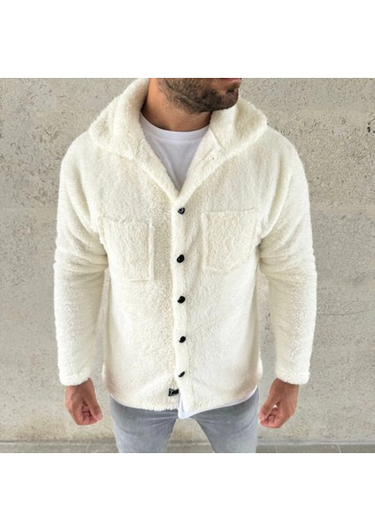Erkek Pelüş Polar Hırka Gömlek – Yakalı, Ilik Düğmeli, Göğüs Cepli, Yumuşak Dokulu Kışlık Regular Fit Rahat Günlük Model - Beyaz modelleri