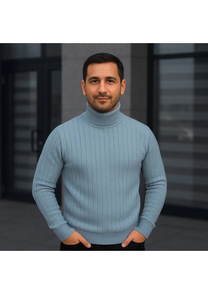 Erkek Balıkcı Yaka Bağazlı Triko Kazak Pamuklu Kalın Fitilli Dokuma, Regular Fit Uzun Kollu Kışlık Model - Bebe Mavisi