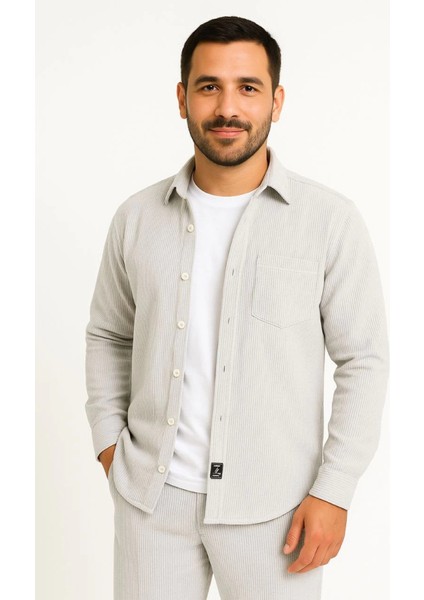 Erkek Fitilli Kadife Cepli Gömlek Oversize Rahat Kalıp - Gri