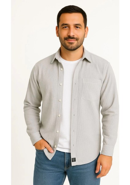 Erkek Fitilli Kadife Cepli Gömlek Oversize Rahat Kalıp - Gri modelleri