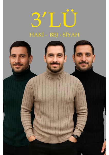 Erkek Fitilli Triko Kazak 3lü Set Bej Haki Siyah Regular Balıkcı Yaka Tam Boğazlı Triko Seti Modeli Kazak