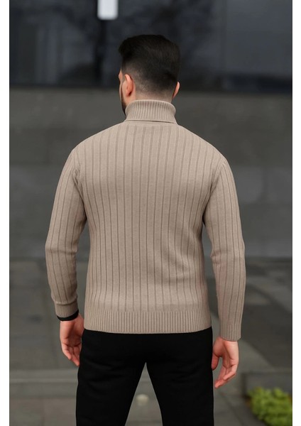 Erkek Balıkcı Yaka Bağazlı Triko Kazak Pamuklu Kalın Fitilli Dokuma, Regular Fit Uzun Kollu Kışlık Model - Bej modelleri