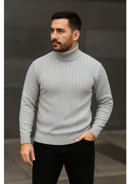 Erkek Fitilli Triko Kazak 3lü Set Gri Haki Siyah Regular Balıkcı Yaka Tam Boğazlı Triko Seti Modeli Kazak fırsatları