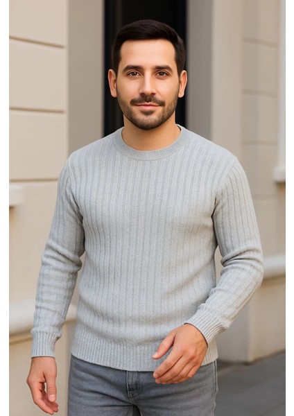 Erkek Bisiklet Yuvarlak Yaka Triko Kazak Pamuklu Kalın Fitilli Dokuma, Regular Fit Uzun Kollu Kışlık Model - Gri