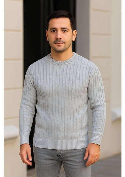 Erkek Bisiklet Yuvarlak Yaka Triko Kazak Pamuklu Kalın Fitilli Dokuma, Regular Fit Uzun Kollu Kışlık Model - Gri modelleri