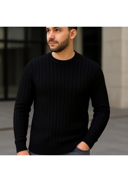 Erkek Bisiklet Yuvarlak Yaka Triko Kazak Pamuklu Kalın Fitilli Dokuma, Regular Fit Uzun Kollu Kışlık Model - Siyah fiyatları