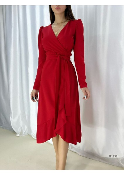 Krep Kumaş Midi Boy Kuşaklı Uzunkol Elbise