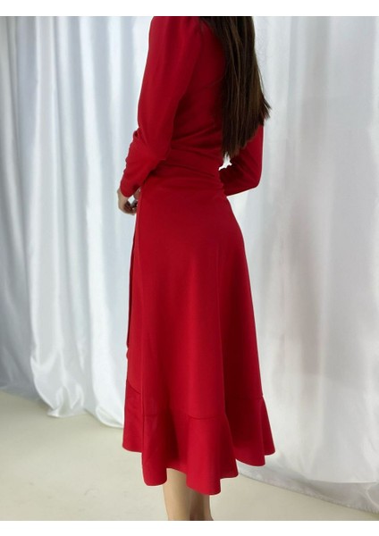 Krep Kumaş Midi Boy Kuşaklı Uzunkol Elbise