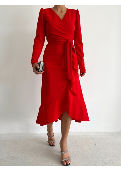 Krep Kumaş Midi Boy Kuşaklı Uzunkol Elbise