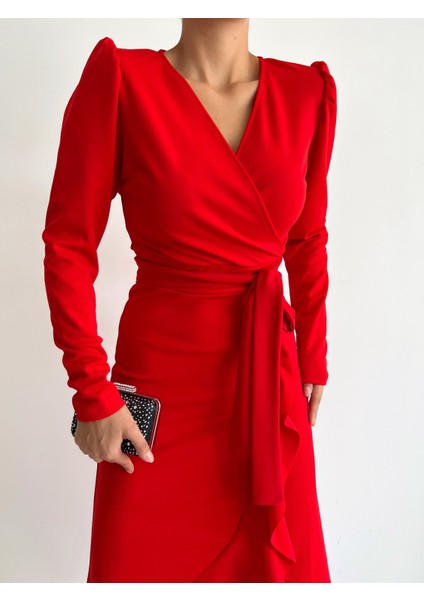 Krep Kumaş Midi Boy Kuşaklı Uzunkol Elbise