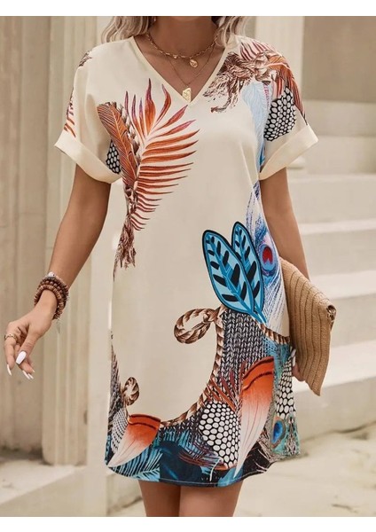 Kadın Kısa Kollu V Yakalı Desenli Mini Atlas Elbise
