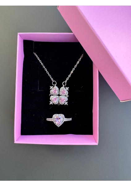 Gümüş Mıknatıslı Yonca Kolye Yüzük Seti Çelik