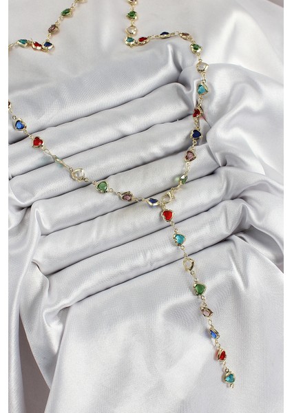 Pirinç Renk Karışık Renk Zirkon Taşlı Kalpli Y Kadın Kolye