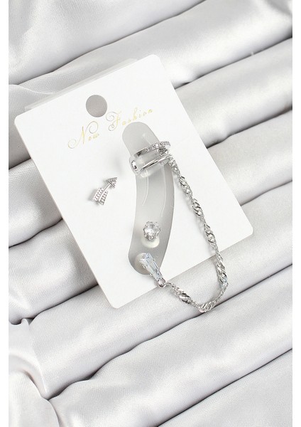 Pirinç Figürlü Zirkon Taşlı Gümüş Renk 3'lü Kıkırdak Kadın Küpe Set