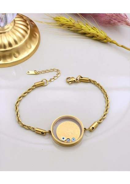 Kadın Halat Zincirli Çeyrekli Camlı Çelik Bileklik