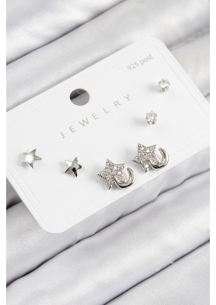 Pirinç Zirkon Taşlı Yıldız Gümüş Renk 925 Ayar Gümüş Çivi Kadın Küpe Set