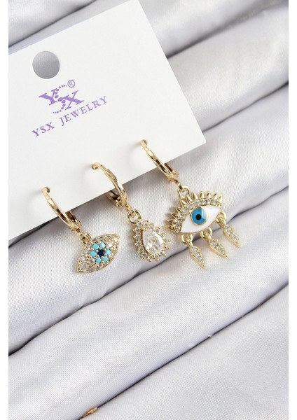 Pirinç Zirkon Taşlı 3'lü Fatma'nın Gözü Renk Kadın Küpe