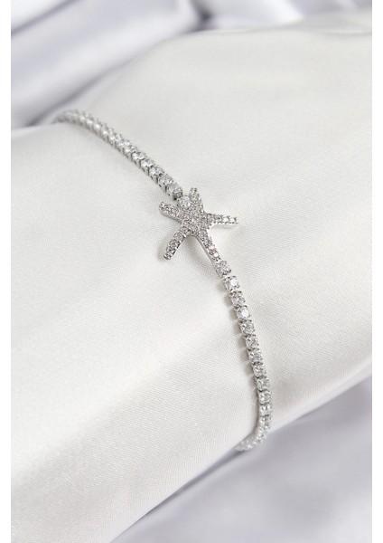 Pirinç Zirkon Taşlı Deniz Yıldızı Gümüş Renk Kadın Bileklik