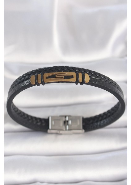 316L Çelik Renk Aksesuarlı Çift Sıra Siyah Burgu Desenli Deri Kordon Erkek Bileklik