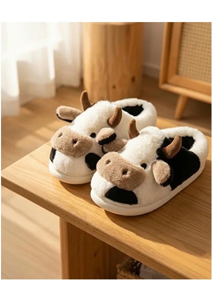 Tatlı Inek Siyah Yumuşak Tüylü Peluş Panduf Terlik Unisex Yumuşak Kalın Taban Ev Terliği
