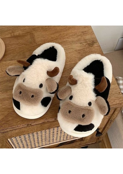 Tatlı Inek Siyah Yumuşak Tüylü Peluş Panduf Terlik Unisex Yumuşak Kalın Taban Ev Terliği fiyatları