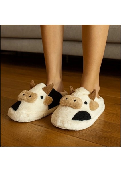 Tatlı Inek Siyah Yumuşak Tüylü Peluş Panduf Terlik Unisex Yumuşak Kalın Taban Ev Terliği modelleri