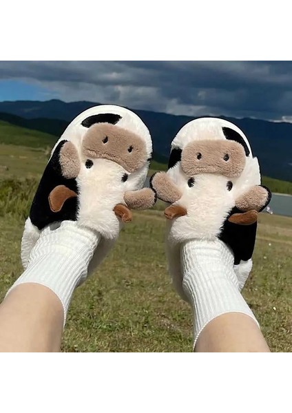 Tatlı Inek Siyah Yumuşak Tüylü Peluş Panduf Terlik Unisex Yumuşak Kalın Taban Ev Terliği fırsatları