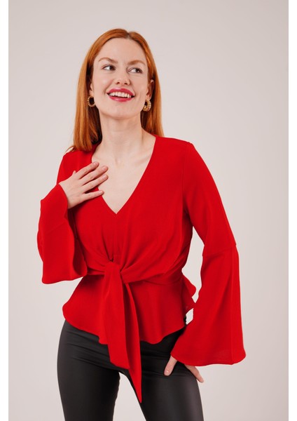 Ön Bağlamalı Volan Kol Kırmızı Bluz