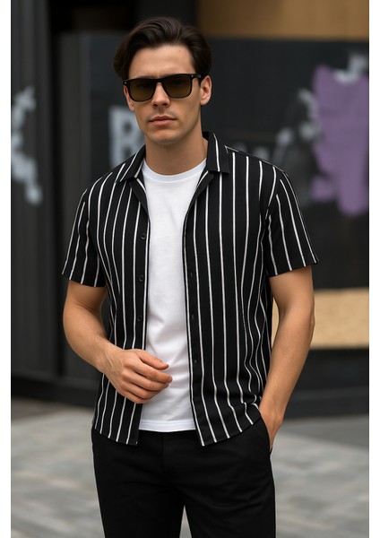 Erkek Kısa Kollu Beyaz Çizgi Desenli Örme Kumaş Pamuklu Gömlek