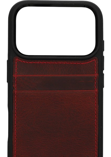 Retro Kartlıklı Premium Deri Kılıf iPhone 17 Pro Max Rustik Bordo
