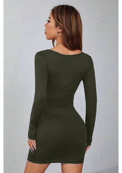 Kadın Uzun Kollu Kare Yaka Iç Göstermeyen Mini Elbise modelleri