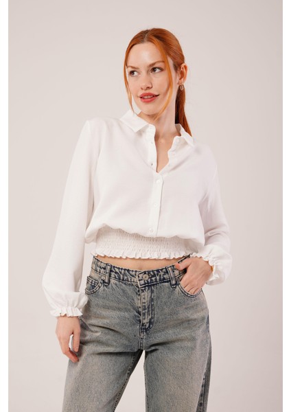 Bel ve Bilek Lastikli Beyaz Bluz