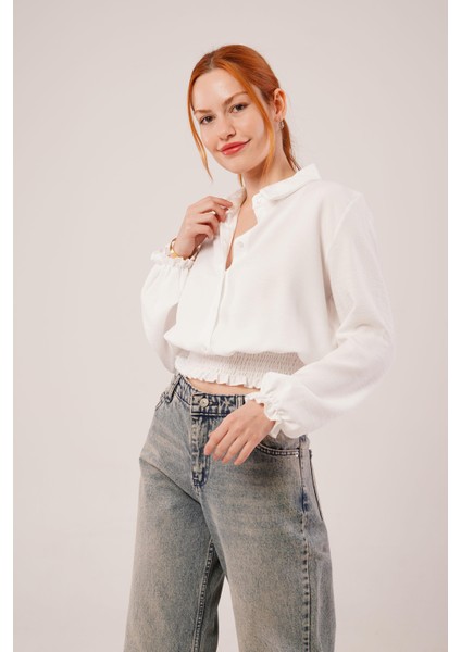 Bel ve Bilek Lastikli Beyaz Bluz fırsatları