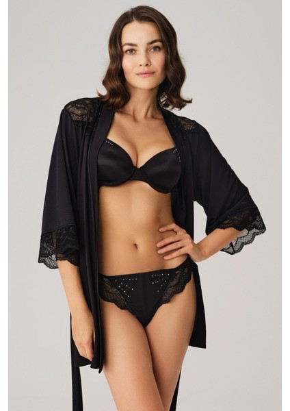 Arias Closet Dantelli Sabahlık Balenli Destekli Dolgulu Taşlı Sütyen ve String 3'lü Takım