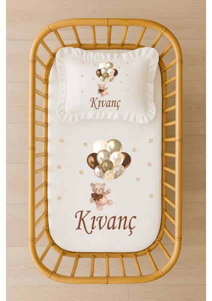 Isimli Bebek Nevresim Takımı 70X120 Altın ve Kahve Balonlu Ayıcık Tasarım Fırfırlı Dolgulu Yastıklı