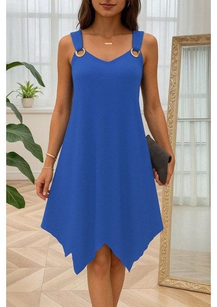 Kadın Askılı Yuvarlak Yaka Kuş Gözü Detaylı Asimetrik Viskon Elbise