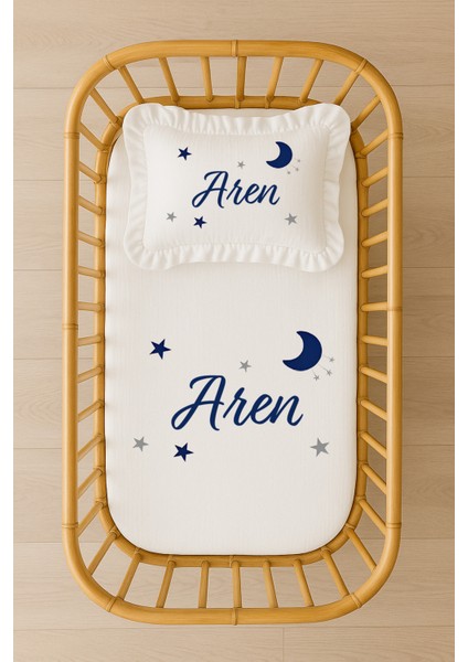 Isimli Bebek Nevresim Takımı 70X120 – Ay & Yıldız Temalı– Fırfırlı Dolgulu Yastıklı Bebek Beşik Seti