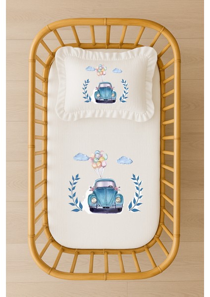 Isimli Bebek Nevresim Takımı Mavi Vosvos ve Balon Tasarım Içi Dolgulu Fırfırlı Yastıklı Set