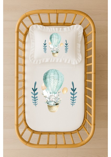 Sıcak Hava Balonunda Fil Bebek Nevresim Takımı – Mint Yeşili Akfil – Içi Dolgulu Fırfırlı