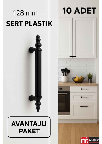 Sert Plastik 128 mm Siyah Mobilya Mutfak Dolabı Komidin Tv Ünütesi Dolap Kulpları 10 Ad