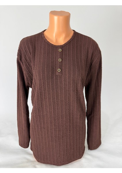 Kadın Örgü Desenli Bisiklet Yaka Uzun Kollu Yanları Yırtmaçlı Yün Anne Penye Tişört