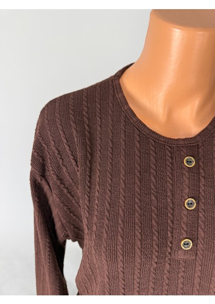 Kadın Örgü Desenli Bisiklet Yaka Uzun Kollu Yanları Yırtmaçlı Yün Anne Penye Tişört fiyatları